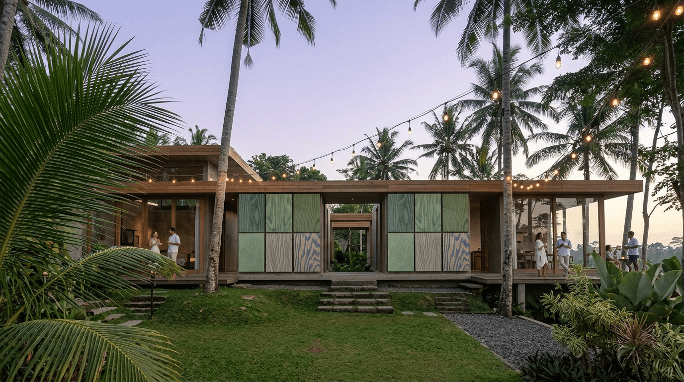 A modern tropical villa at dusk framed by palm trees and string lights.