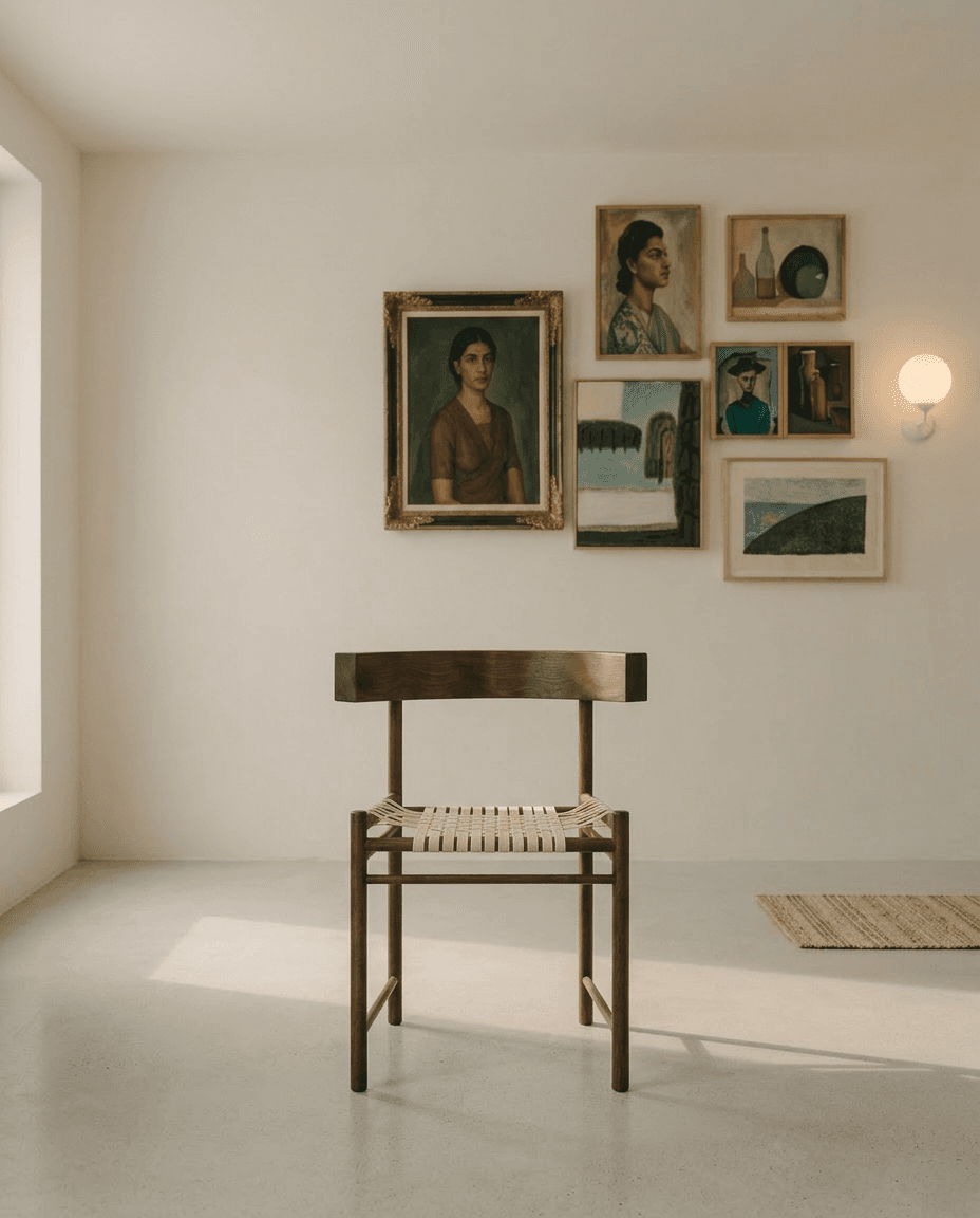Interior scene with a wooden chair and a gallery wall of framed portraits and still lifes.