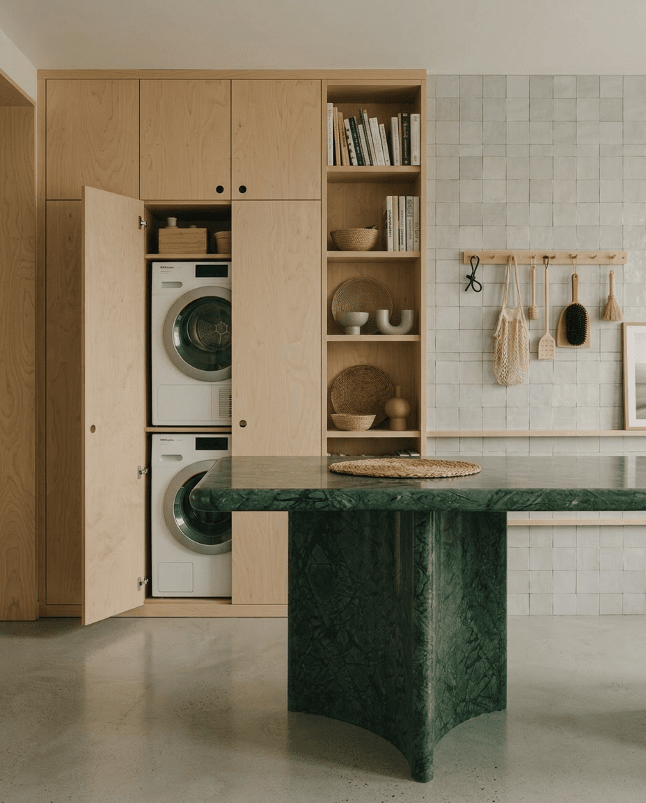 A minimalist laundry room with wooden cabinetry and a green marble table.