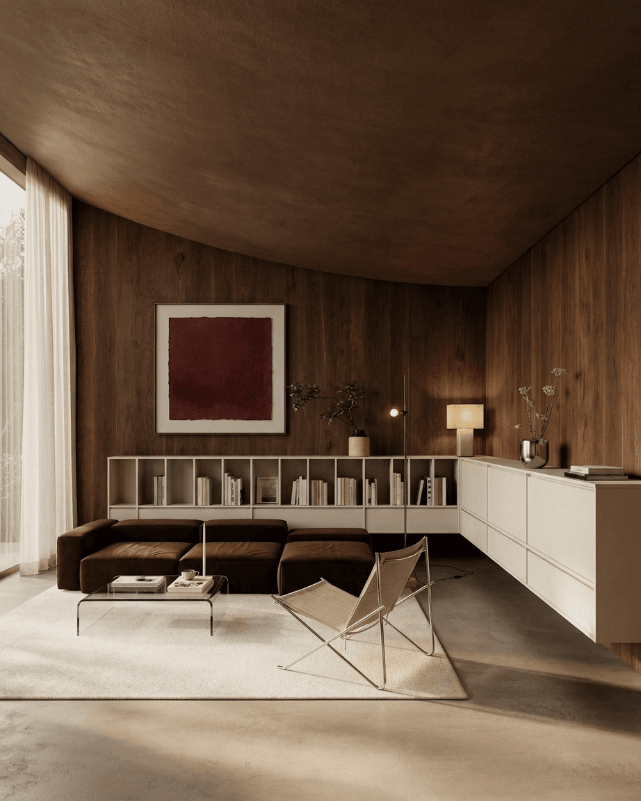 A modern living room with wooden walls, minimalist furniture, and large windows allowing natural light.