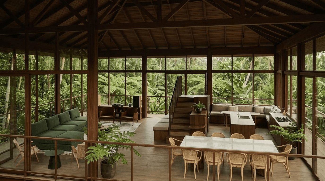 Open-concept living area with wood elements and large windows, surrounded by tropical greenery.