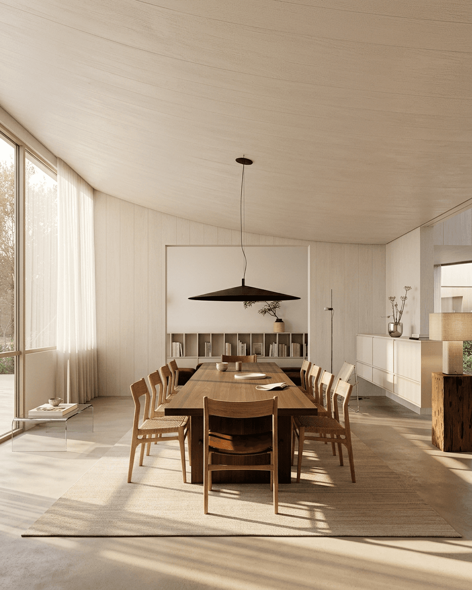 A contemporary dining room with a wooden table, minimalist chairs, and a pendant light.