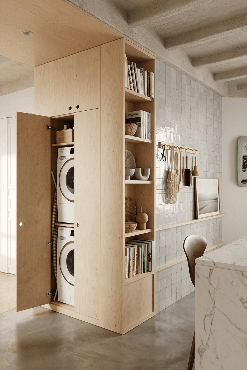 Interior view of a modern laundry closet with light wood shelves and neatly organized items.