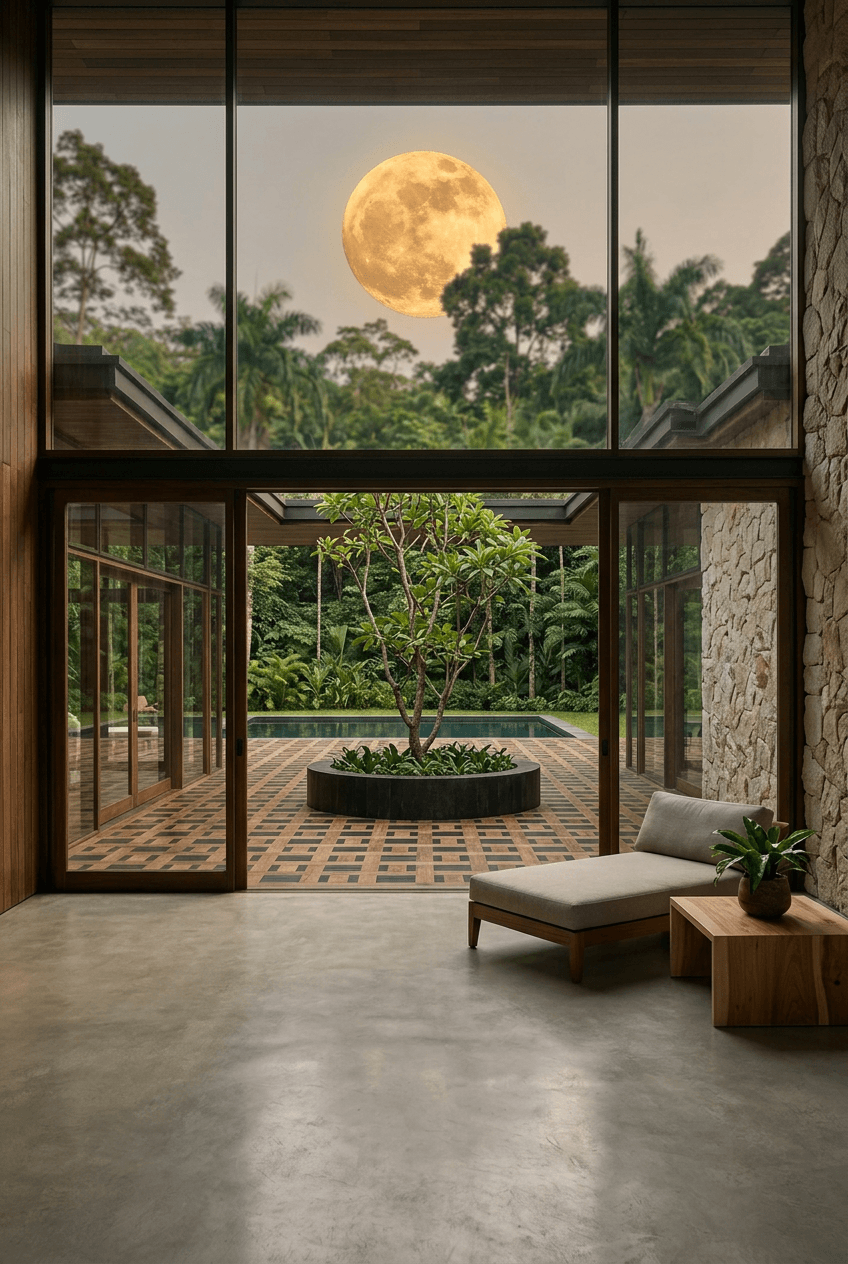 Interior space with a full moon and tropical plants visible through glass windows.