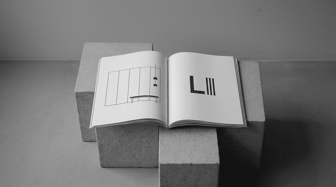 Open book with simple line drawings on textured concrete blocks.