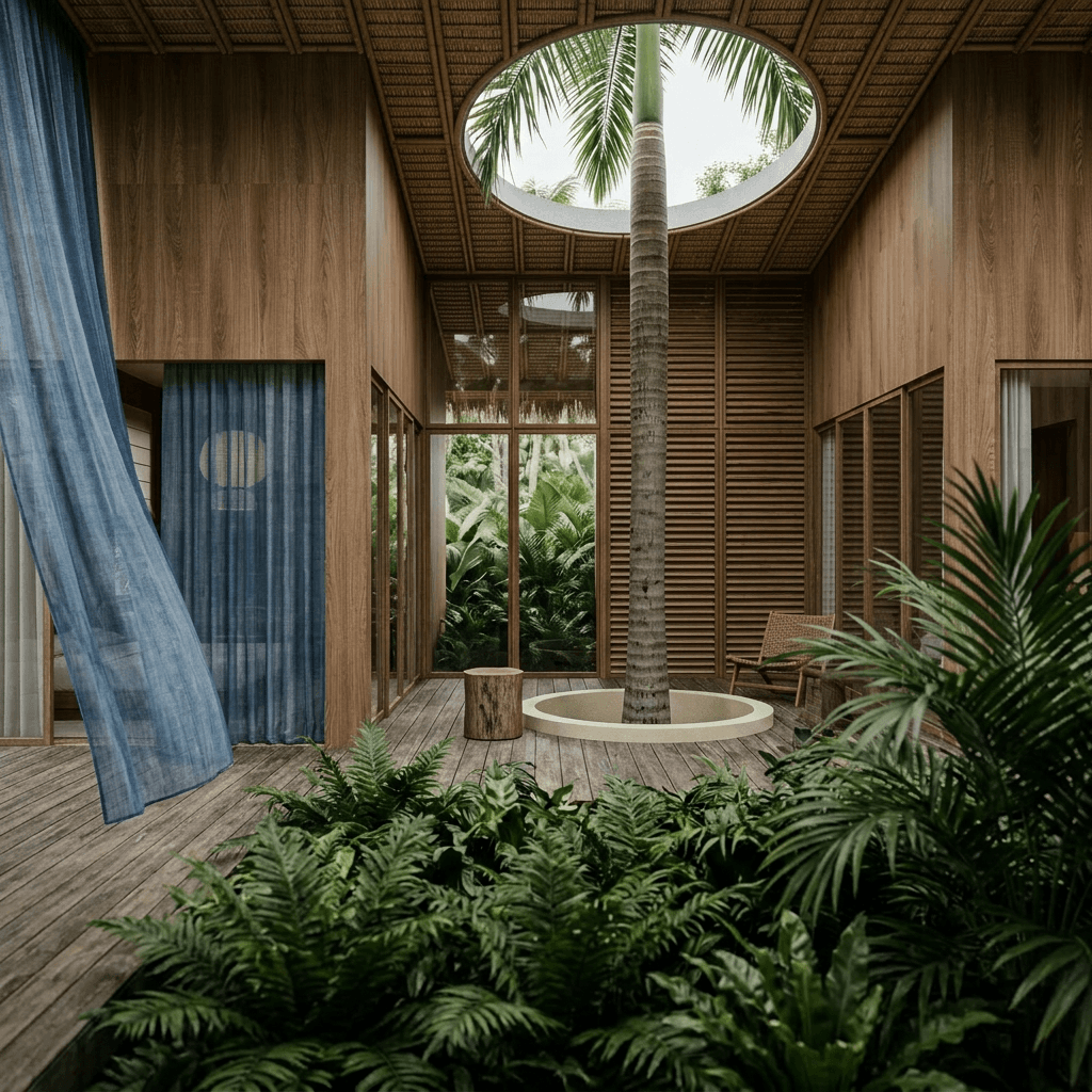 Interior of a modern wooden home with a palm tree and greenery.