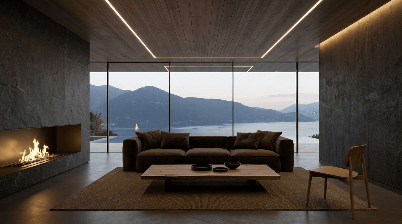 Minimalist living room with a plush sofa, wooden coffee table, and glass windows showing a lake and mountains.