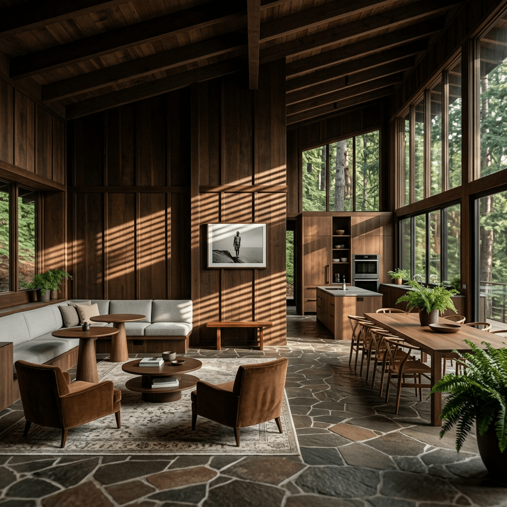 Interior of a modern cabin with wooden walls and large windows overlooking a forest.
