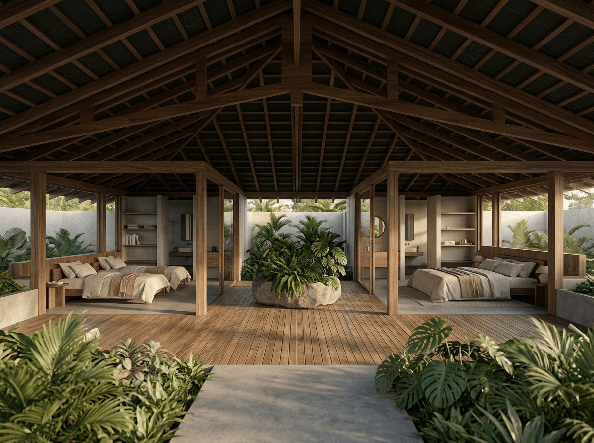 3D render of a modern bedroom with greenery, wooden accents, and natural light.