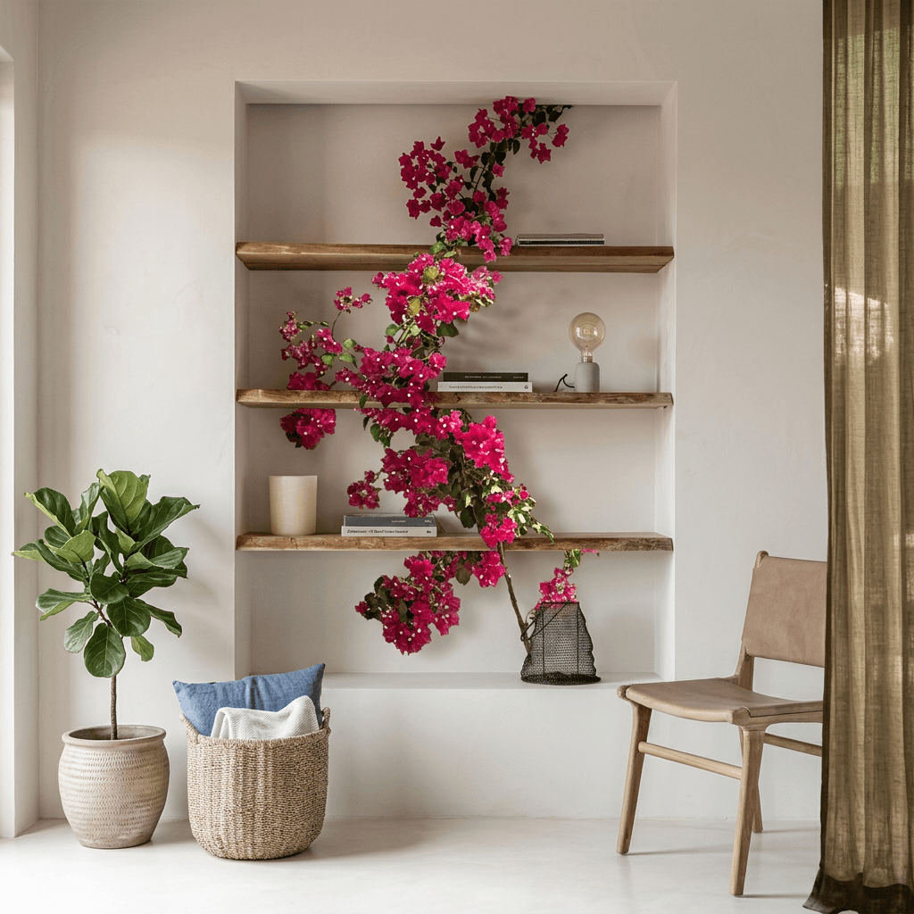 Interior scene with a minimalist shelving unit and pink bougainvillea.