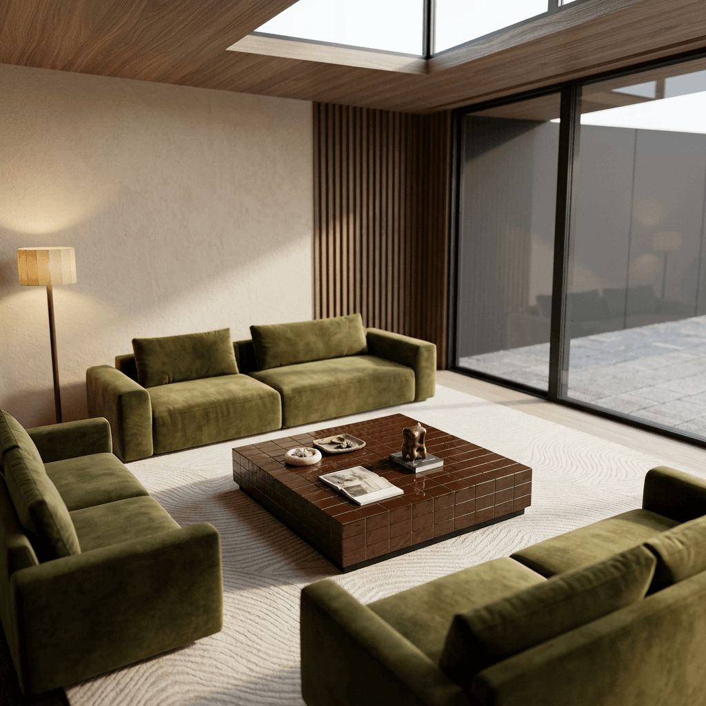 Interior of a modern living room with olive green sofas and a dark wood coffee table.