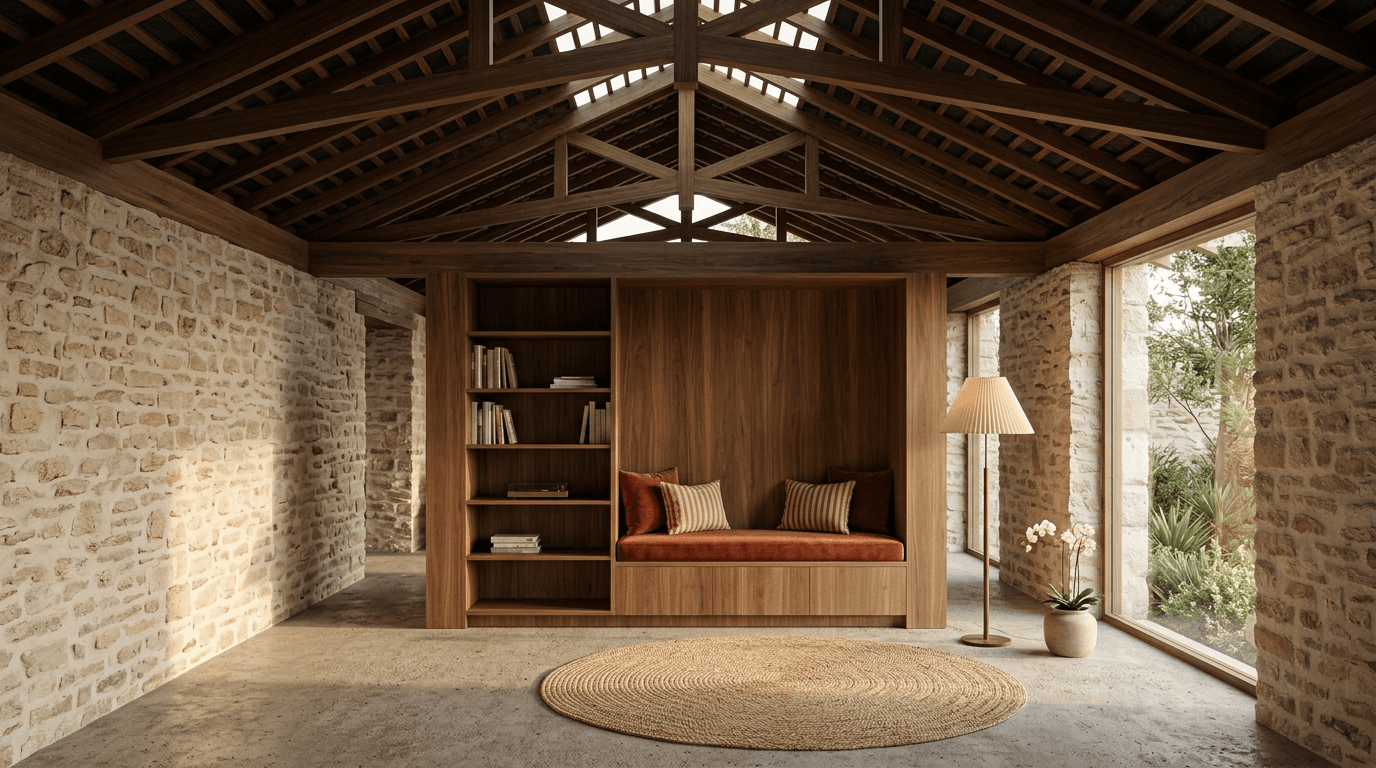 A cozy reading nook with wooden elements, plush cushions, and stone walls, illuminated by natural light.