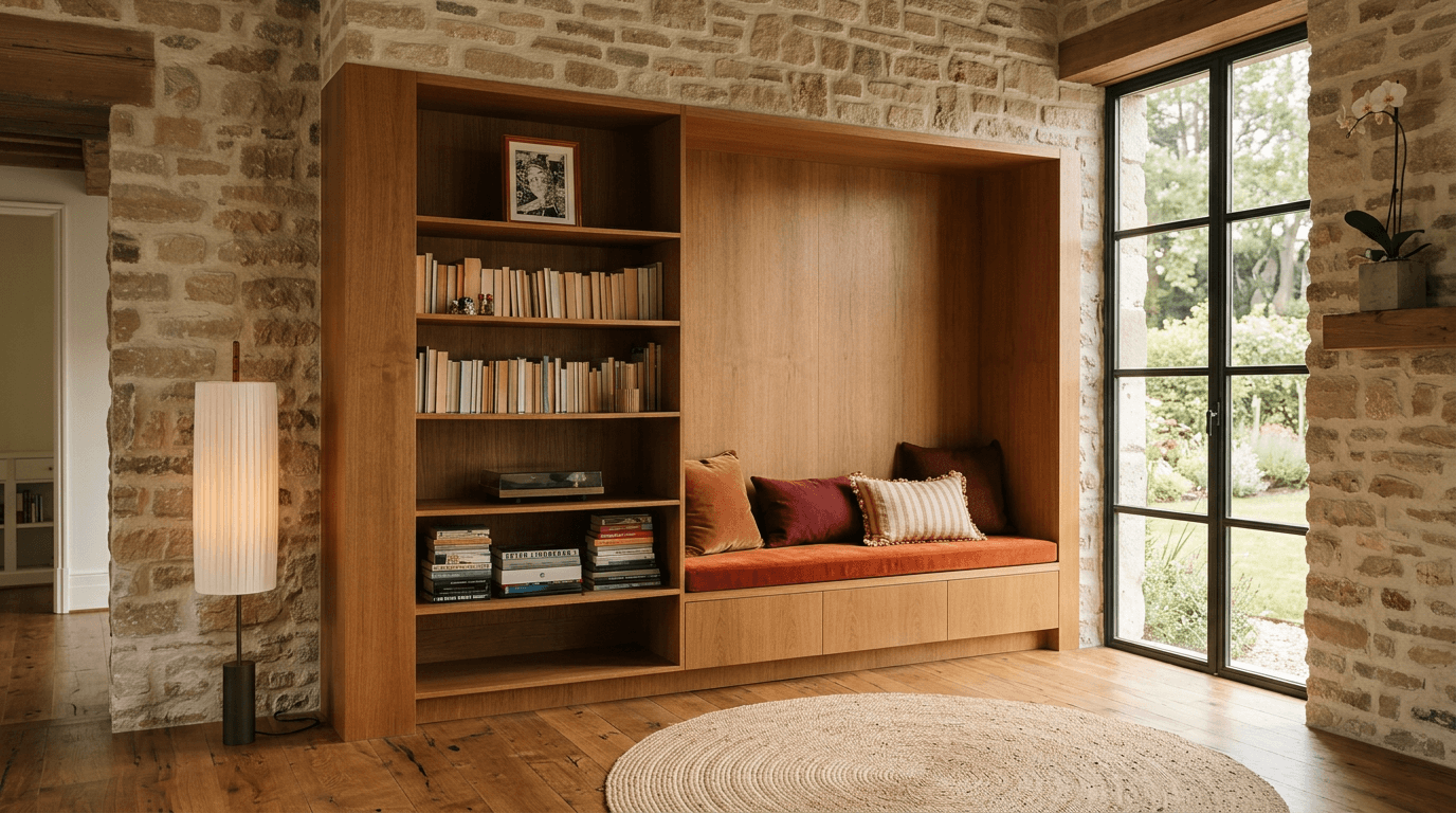 Interior scene with a wooden bookshelf in a stone wall and warm cushions.
