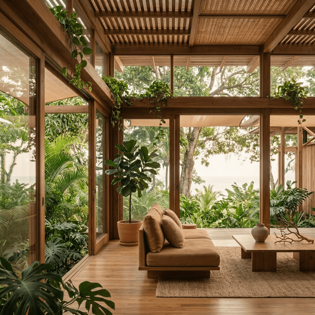 Interior of a modern wooden living room with a sofa, coffee table, and large windows.