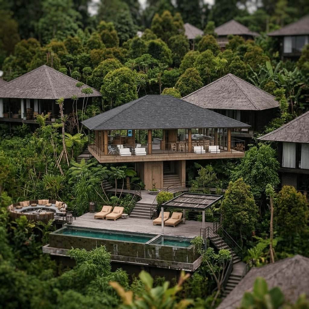 A modern villa among greenery with wooden and stone features.