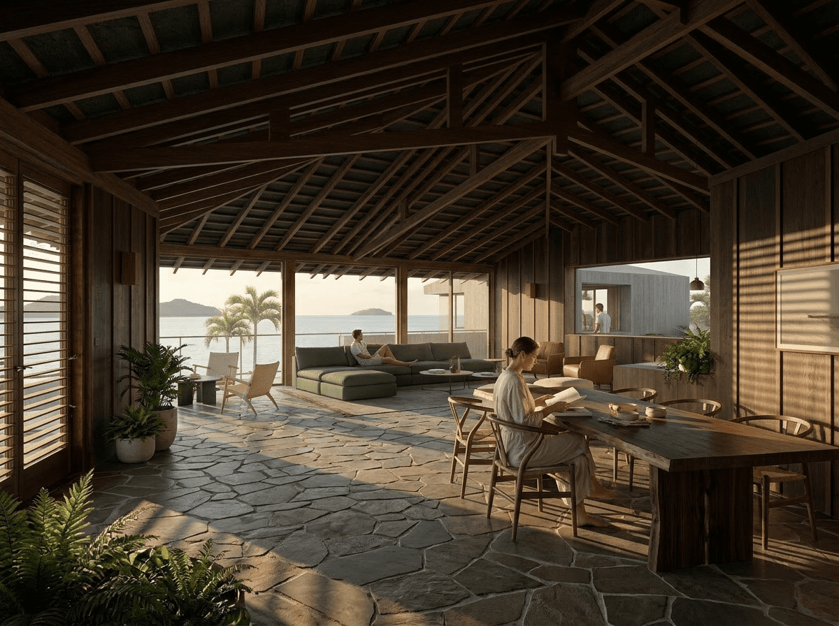Architectural rendering of a modern living room with wood elements and large windows.