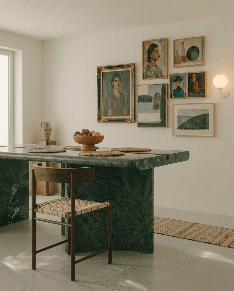 Interior scene with a green marble dining table, wooden chair, and art on the walls.