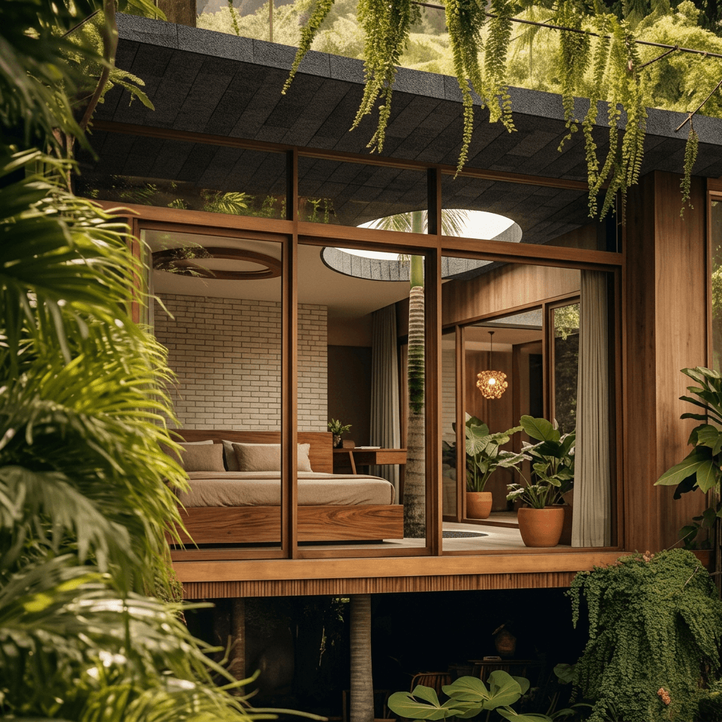 Modern bedroom with large glass windows and greenery outside.