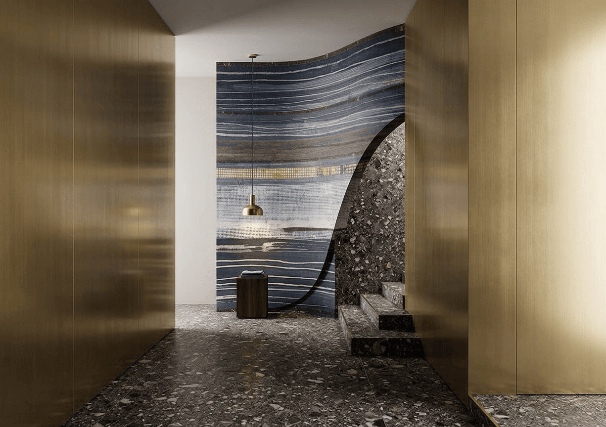 A modern hallway with blue and stone walls, warm pendant light, and minimalist decor.