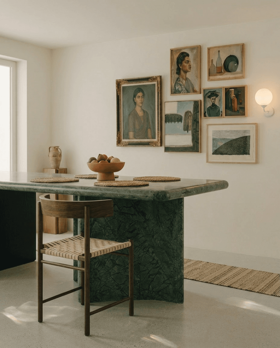 Interior with a green marble dining table, fruit bowl, and framed art on the walls.