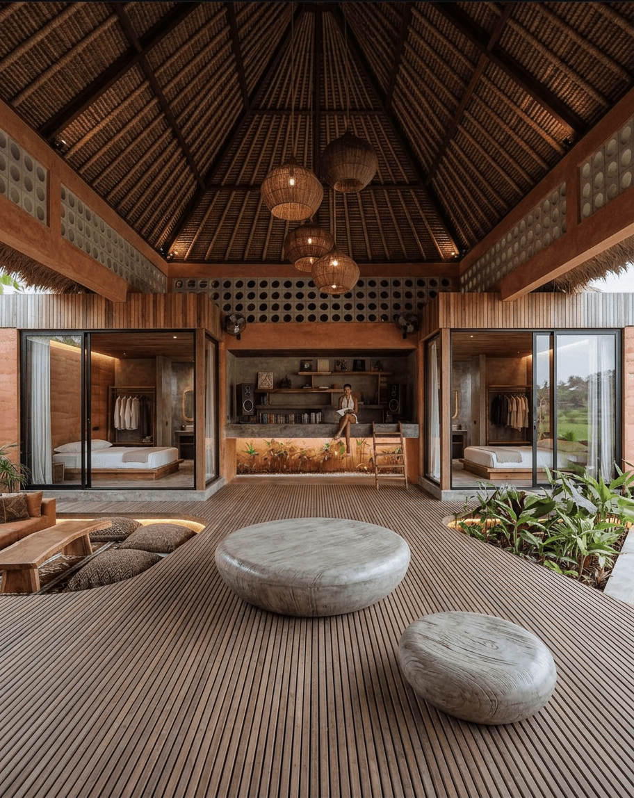 Interior of a contemporary tropical villa with wooden flooring and large glass doors.