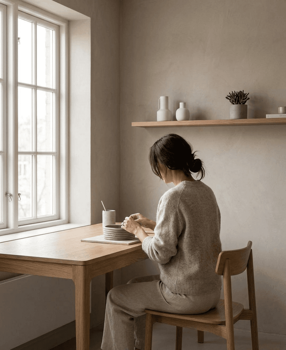 A woman sits at a wooden table, arranging tableware in a softly lit room.