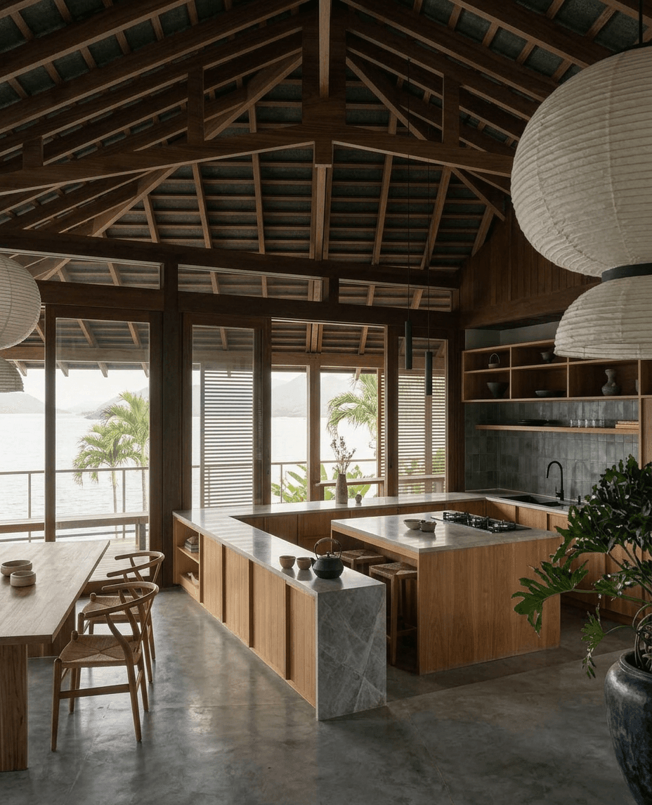 Interior of a modern wooden kitchen and dining area with open windows and palm trees outside.