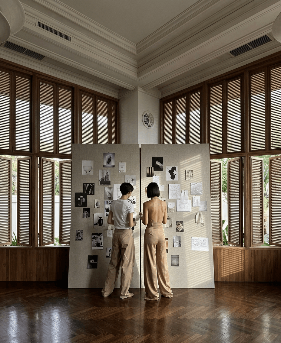 Two individuals in a well-lit room looking at a pinboard with sketches.