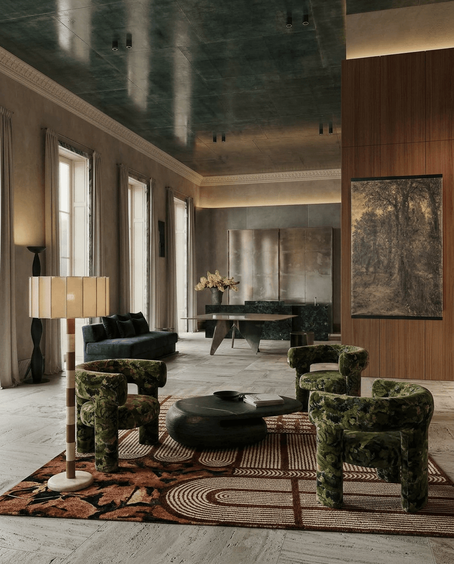 A stylish living room with green chairs and warm wood accents.