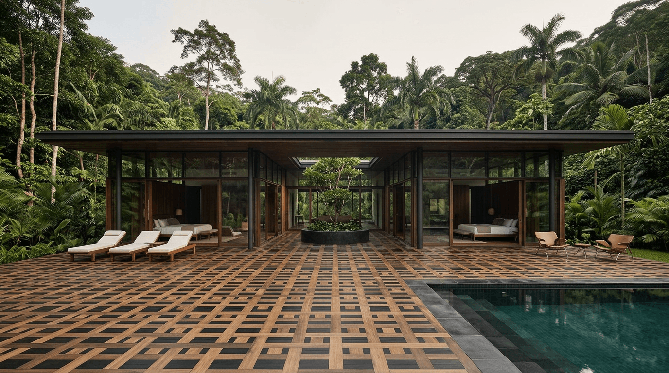 Modern villa with a wooden deck and pool, surrounded by lush greenery.