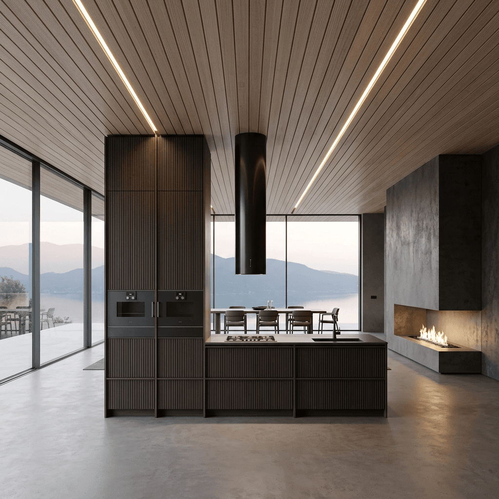 A modern kitchen with black cabinetry, wood paneling, and large windows showing a mountain view.