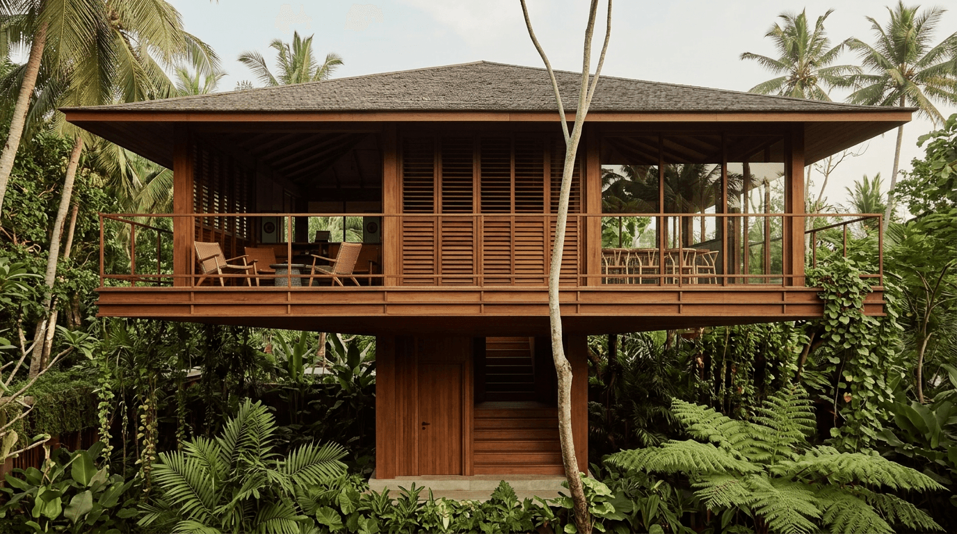 A wooden house elevated in green foliage, surrounded by nature.