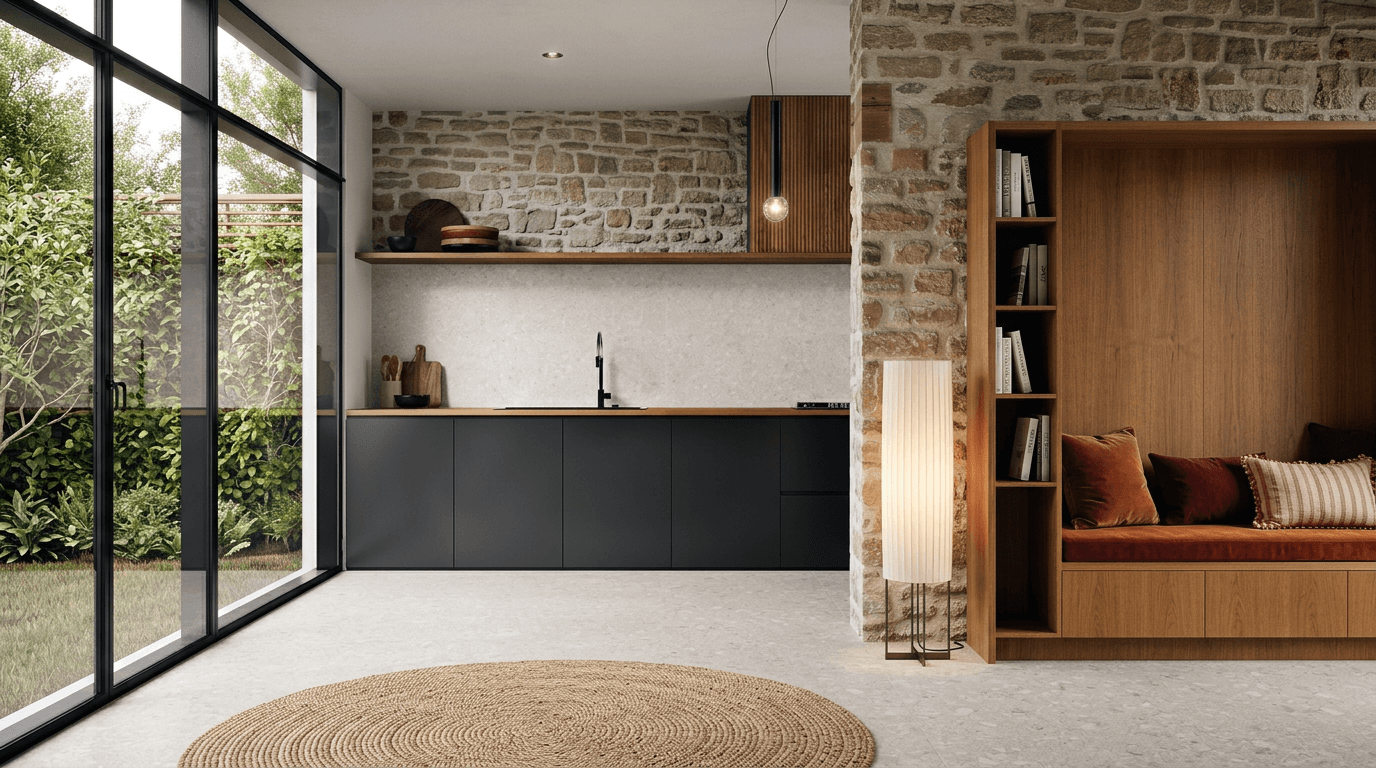 Interior design showcasing a sleek kitchen, reading nook, stone walls, and large windows.