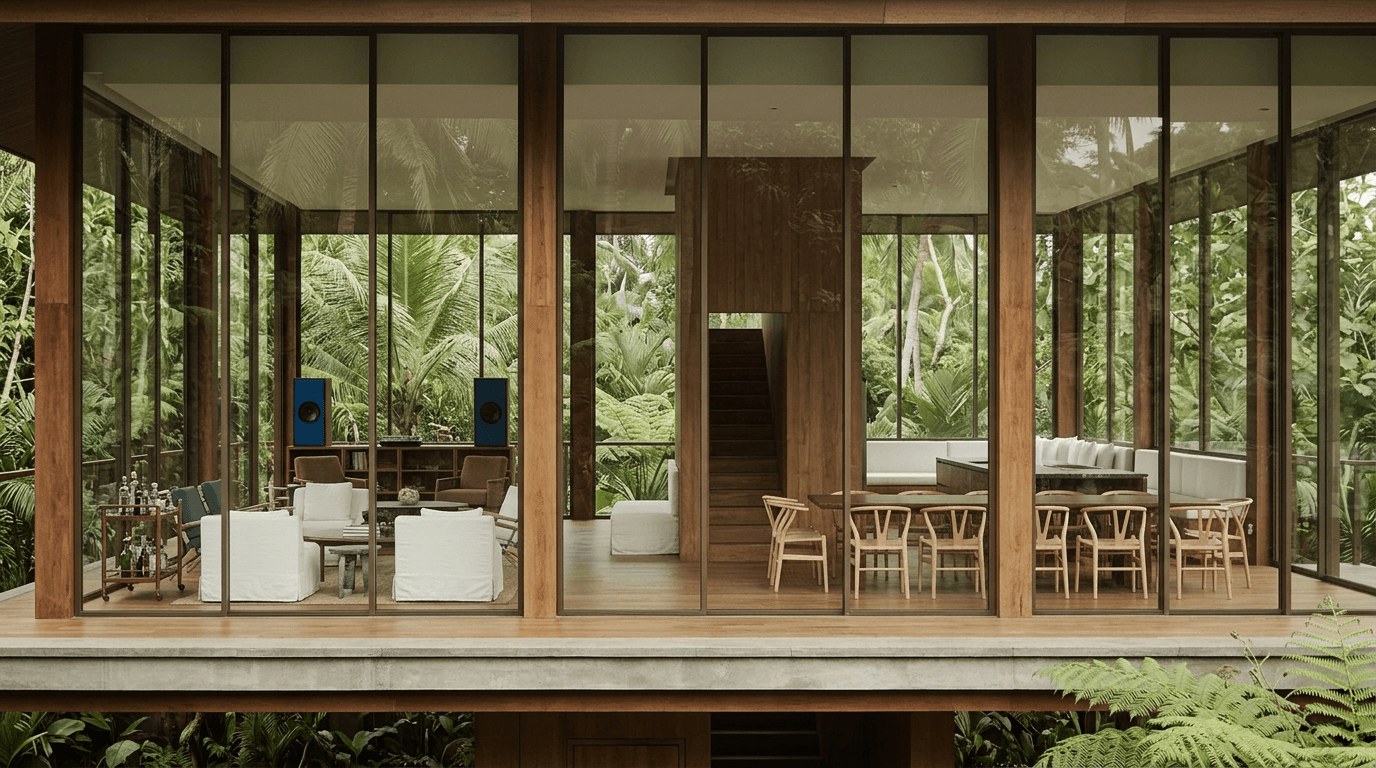 A modern home with glass walls and wooden features, set in green foliage.
