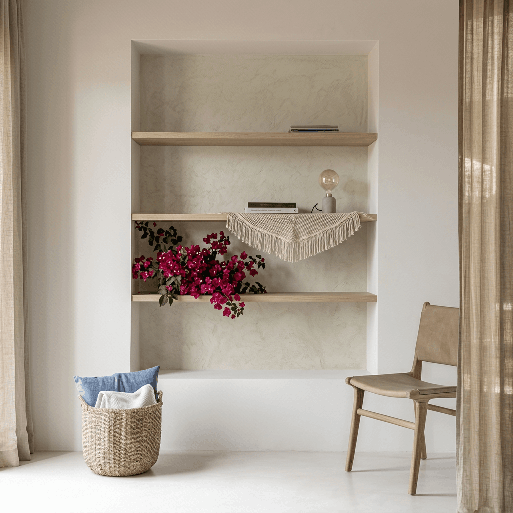 Interior scene with a minimalist shelving unit, fuchsia flowers, fringed cloth, wooden chair, and woven basket.