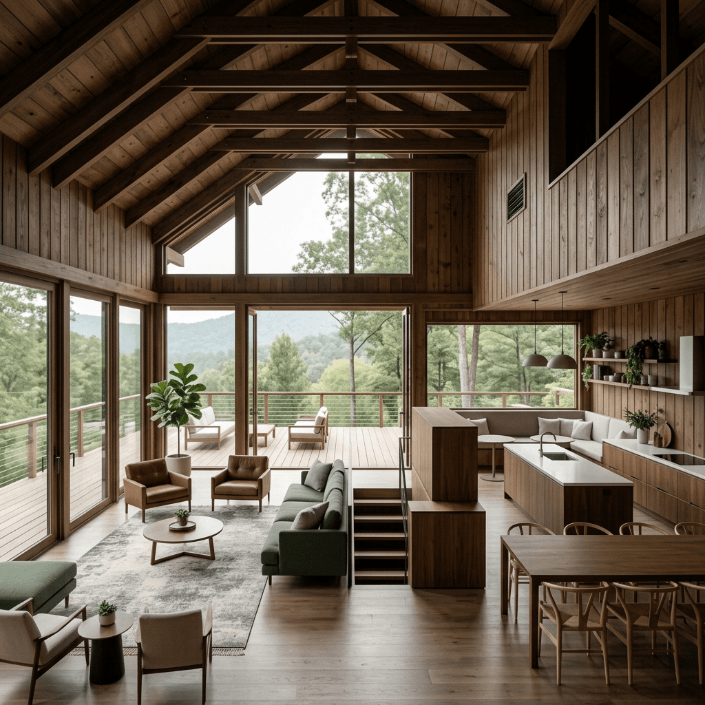 Light-filled living area with wooden interior and minimalist design.