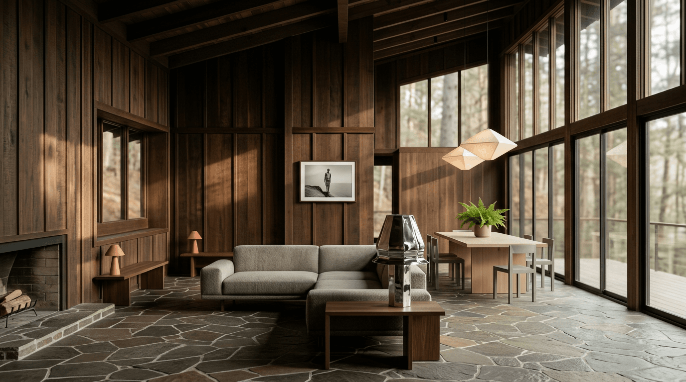 Interior of a modern wooden cabin with a gray sofa and stone flooring.