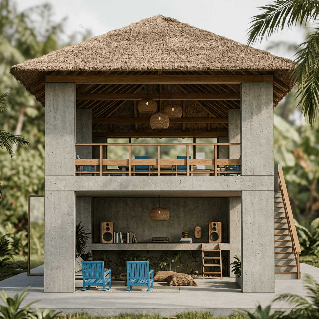 A modern tropical home with a concrete structure and thatched roof, surrounded by greenery.