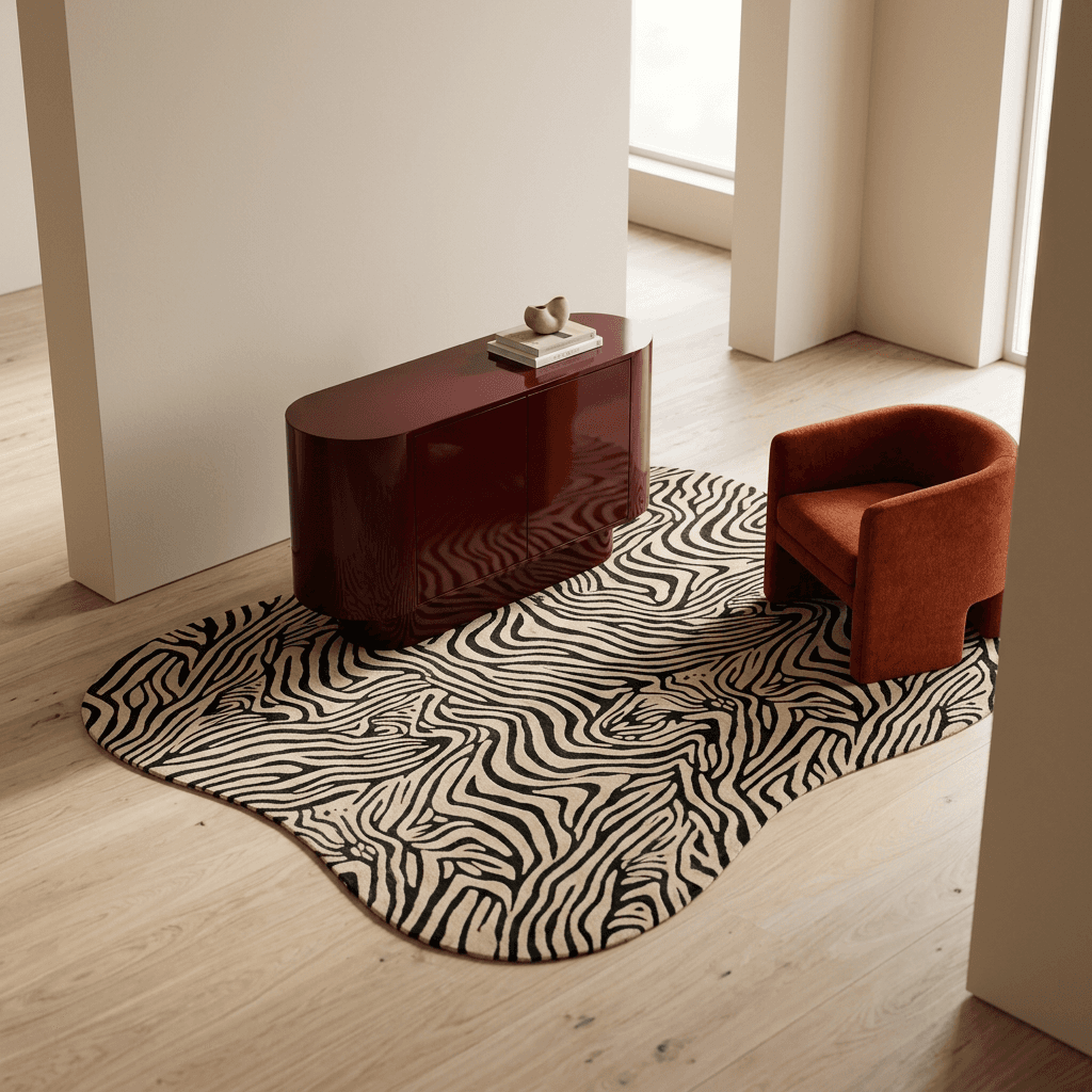 Interior with a red sideboard, orange chair, and patterned rug.