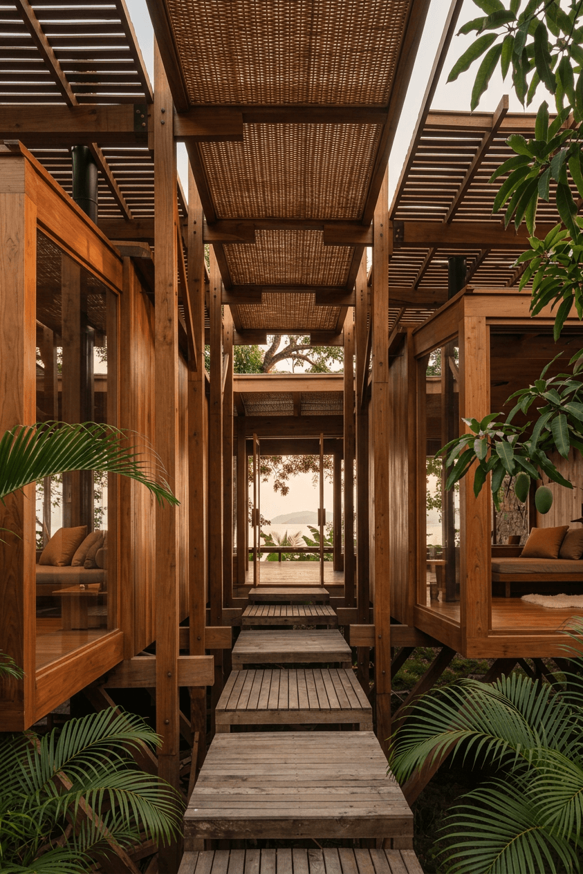 A wooden pathway lined with glass rooms amidst vibrant green foliage.