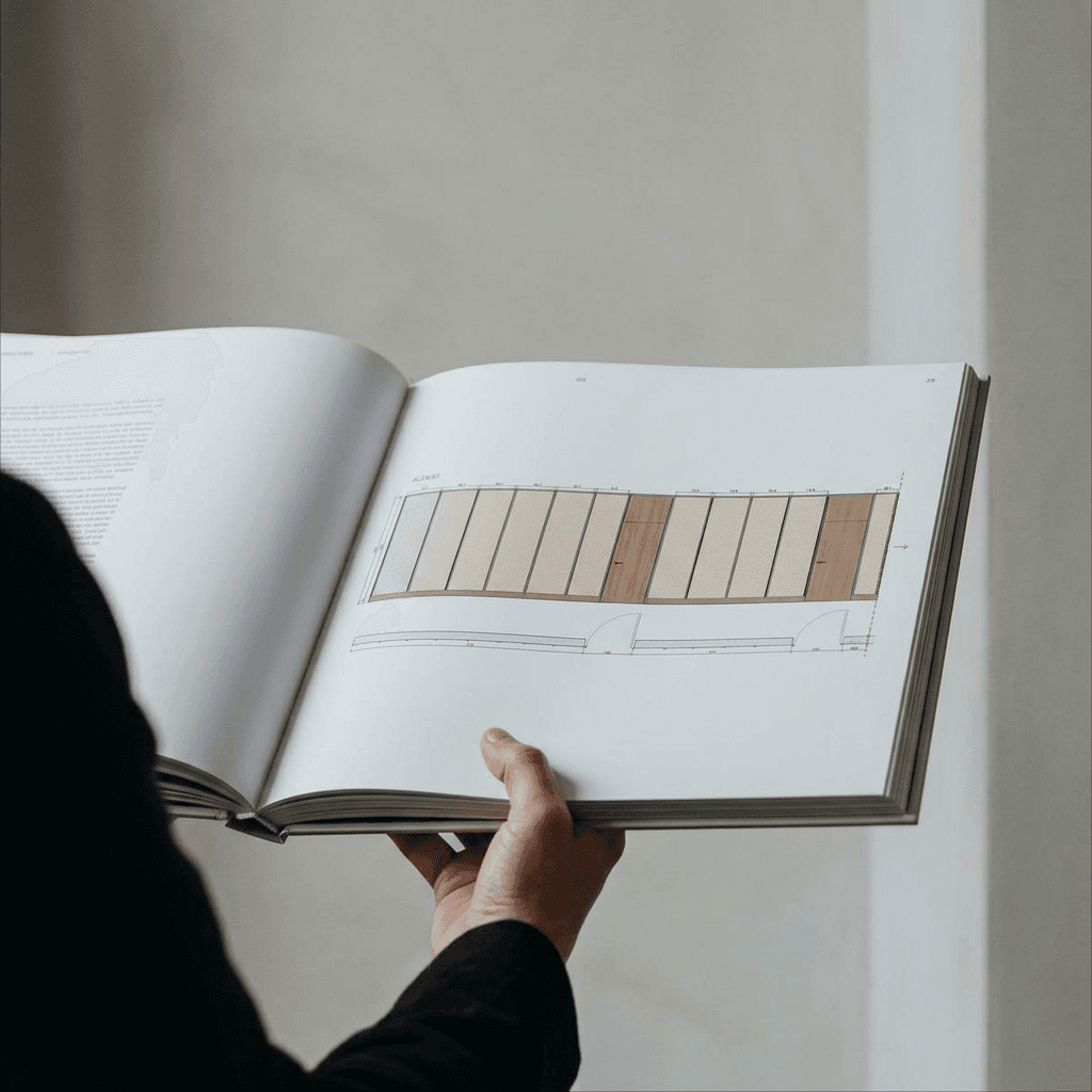 A person holding an open architectural book with a floor plan illustration in soft earth tones.