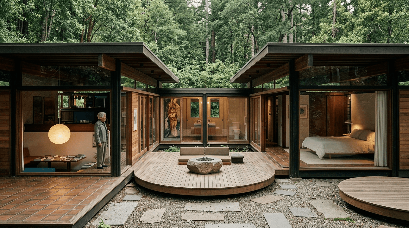 A modern cabin with large windows, surrounded by greenery in a forest.