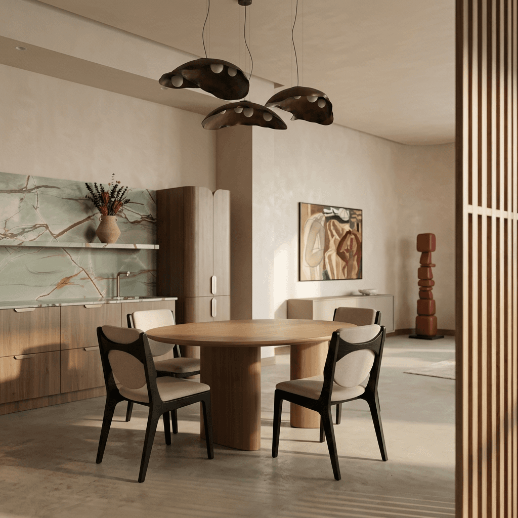 Interior scene with a circular wooden dining table, sleek chairs, and pendant lighting.