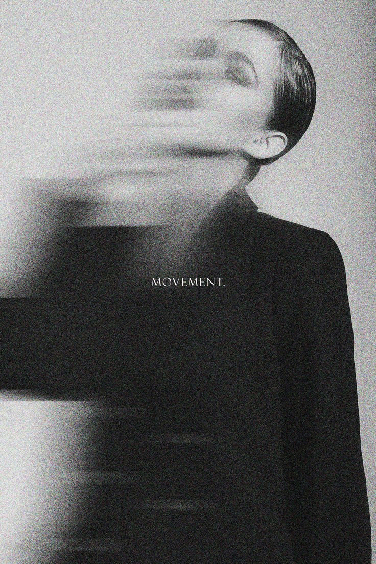 A dynamic black-and-white editorial photograph captures a blurred figure suggesting motion, with a minimalist aesthetic